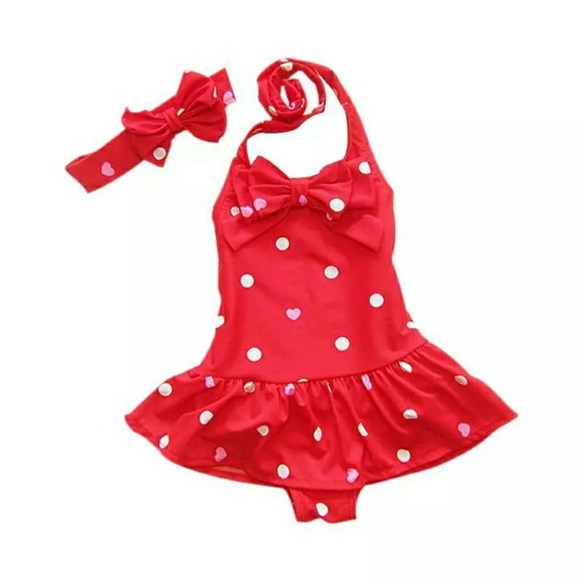 Red Polka Dot Girls Bathing Suit with Red Headband - Picture 3 of 4